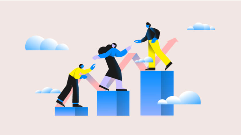 Illustration of people in colored clothes walking up on growing diagram pillars