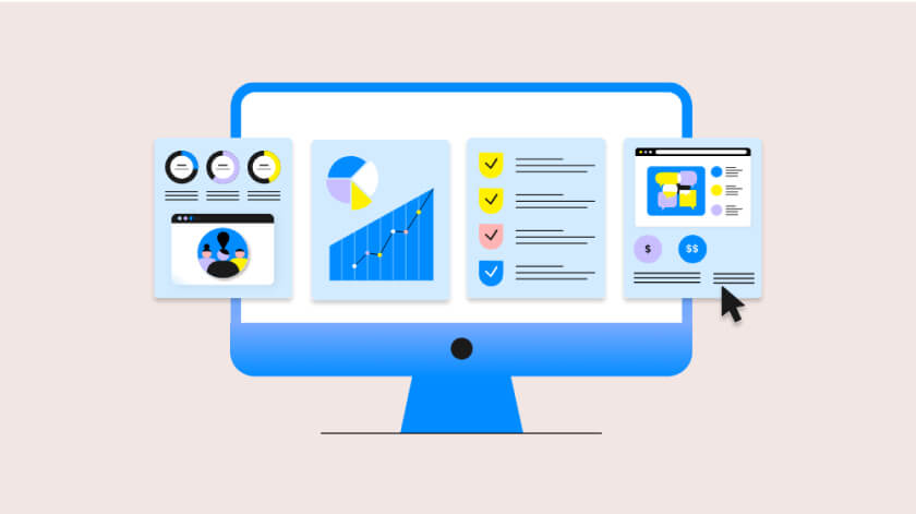 illustration of desktop with different stats and interface elements floating outisde of the screen