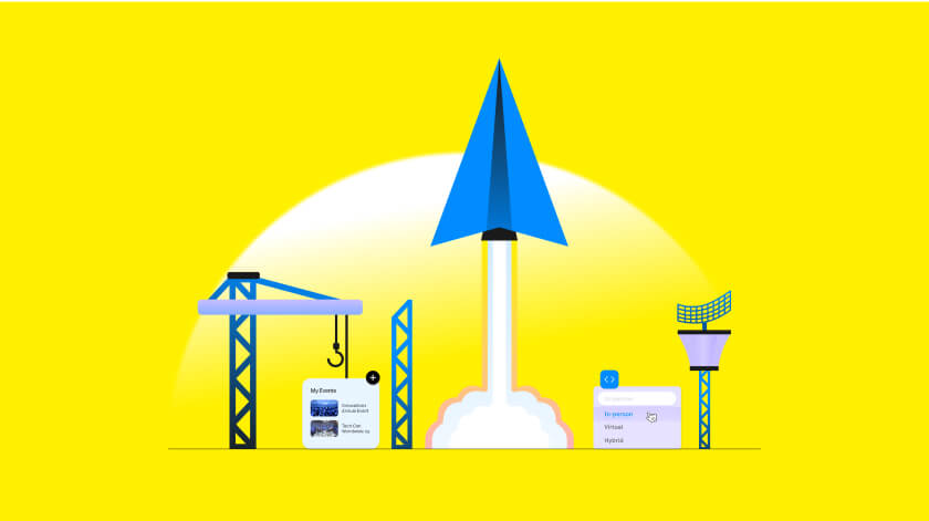 illustration of construction crane building the events list, a paper plane launches as a rocket nearby and the antenna catching signals to the right