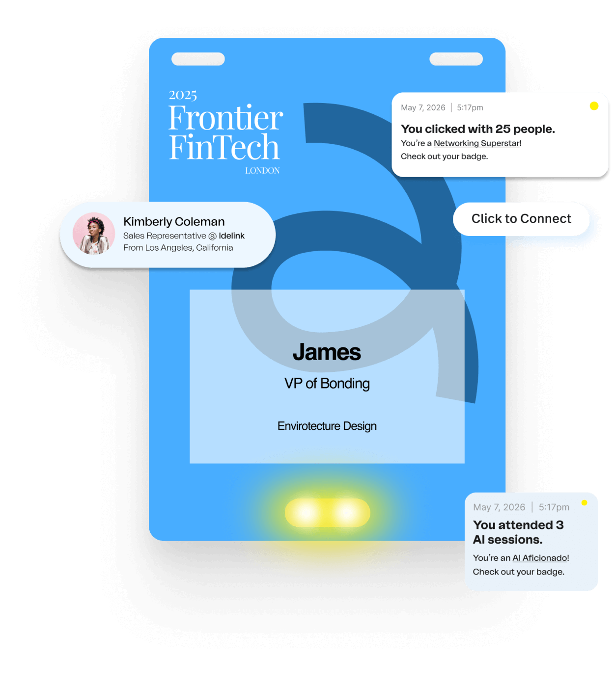 Blue Fintech Klik by Bizzabo Event Smartbadge flanked by four networking notifications.