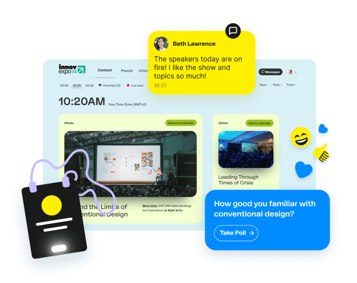 Illustration of Bizzabo Venue showing event info, popup with attendee message, popup with poll and a Klik badge floating