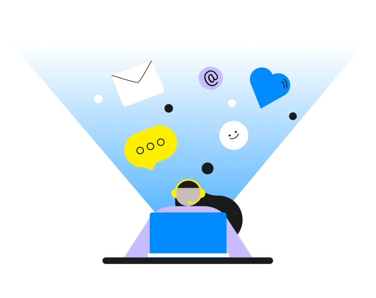 illustration with Customer care person in headphones sitting in front of the laptop. Behind her floating icons of a mail, heart, emoji and chat icon