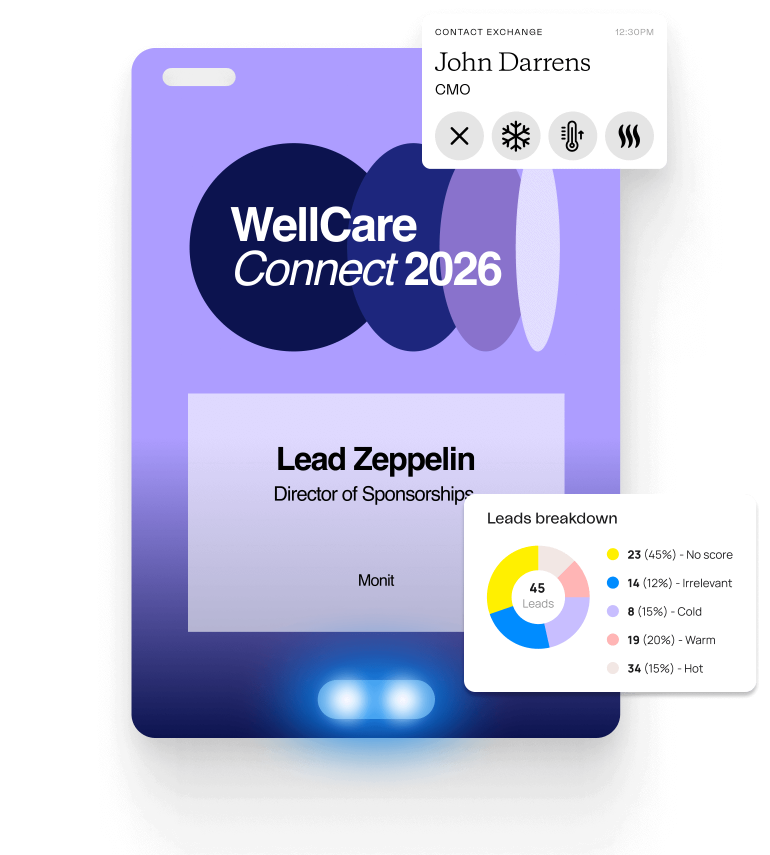 Purple gradient Healthcare Conference badge surrounded by leads and lead scoring notifications indicating sponsorship value