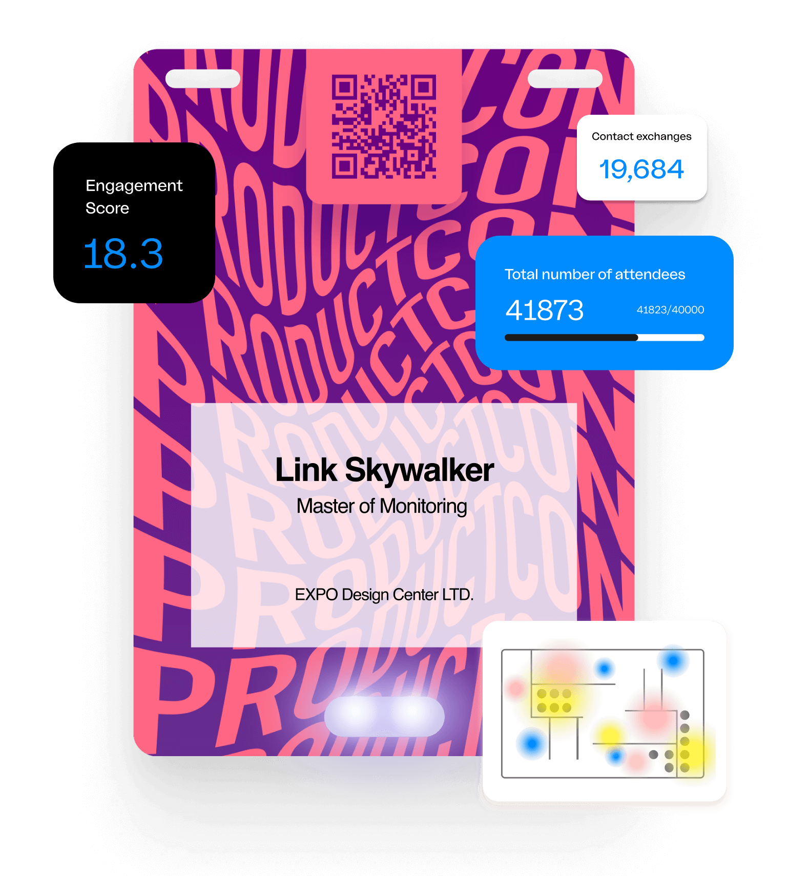 Pink and Purple Klik by Bizzabo Event Badge with modals of event insights and head maps